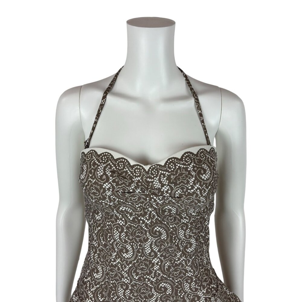 DKNY One Piece Swimsuit Women's Size 10 Brown White Lace Print Retro Pin Up - Picture 3 of 9